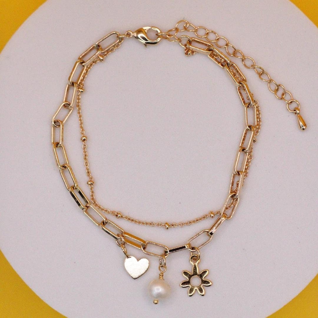 Gold Double Chain Charm Bracelet