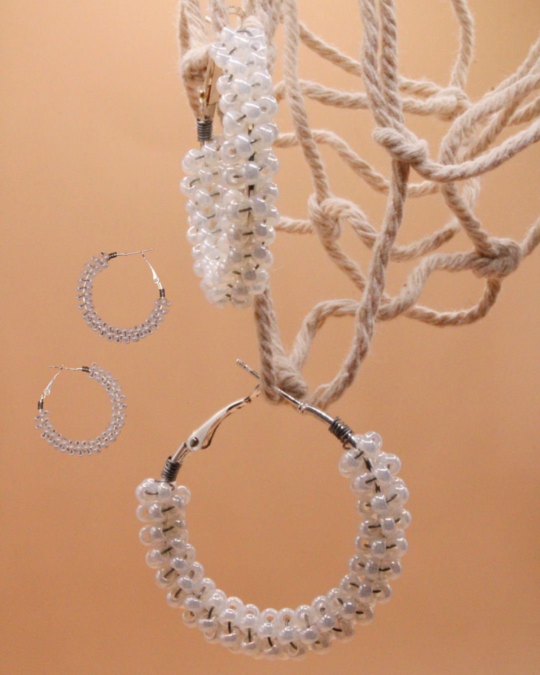 white beaded hoop earrings