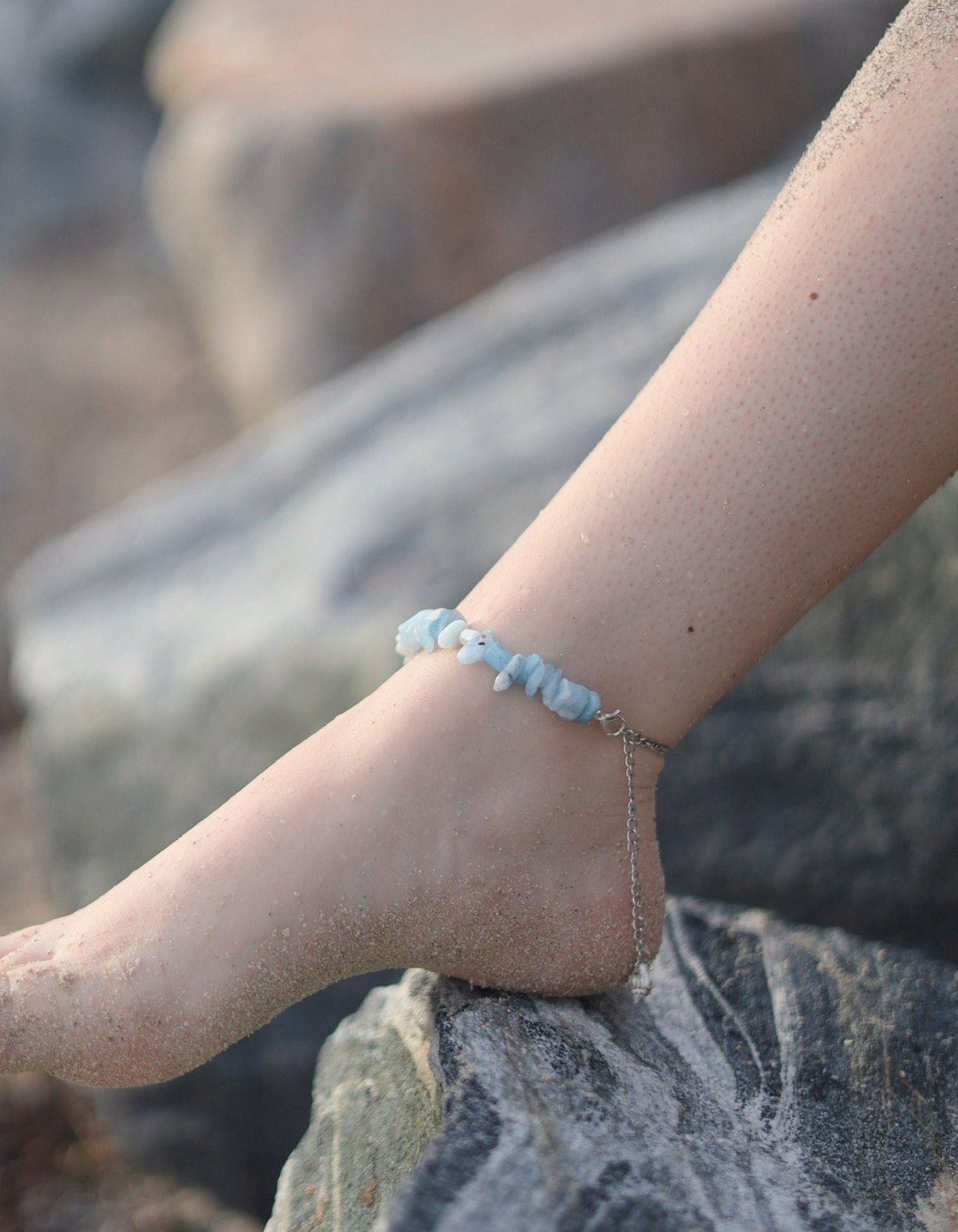 Blue Stone Adjustable Anklet with Pearls – stampedbysis